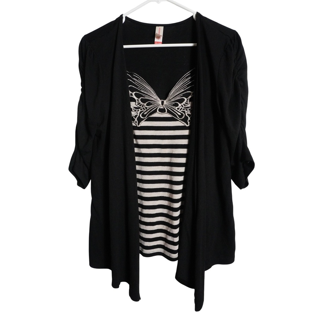 No Boundaries Layered Top XXL 2X Mallgoth Butterfly Stripe Black Ruched Sleeve